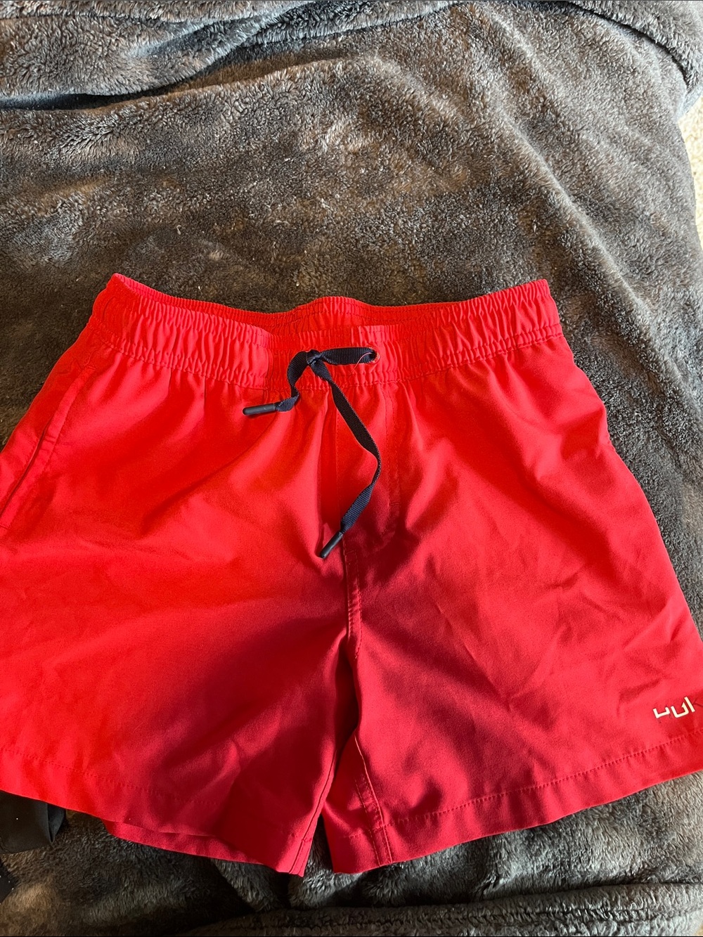 Huk Red Kids Swim Shorts with Black Drawstring